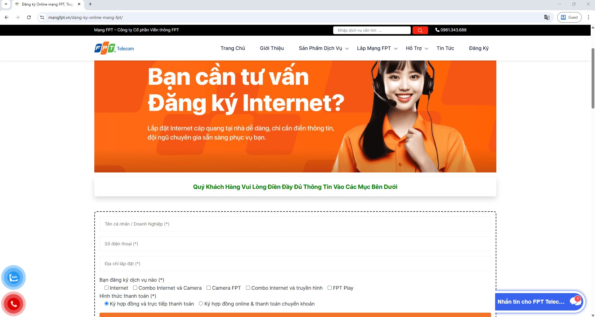 Đăng ký online mạng FPT