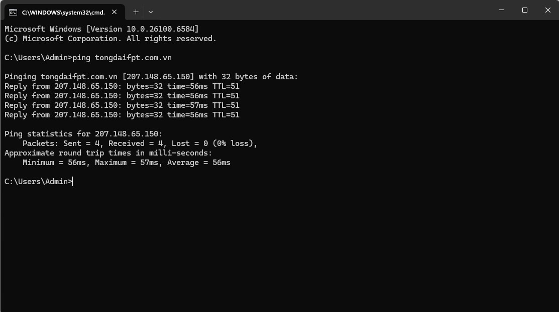 Kết quả Ping mạng Internet FPT