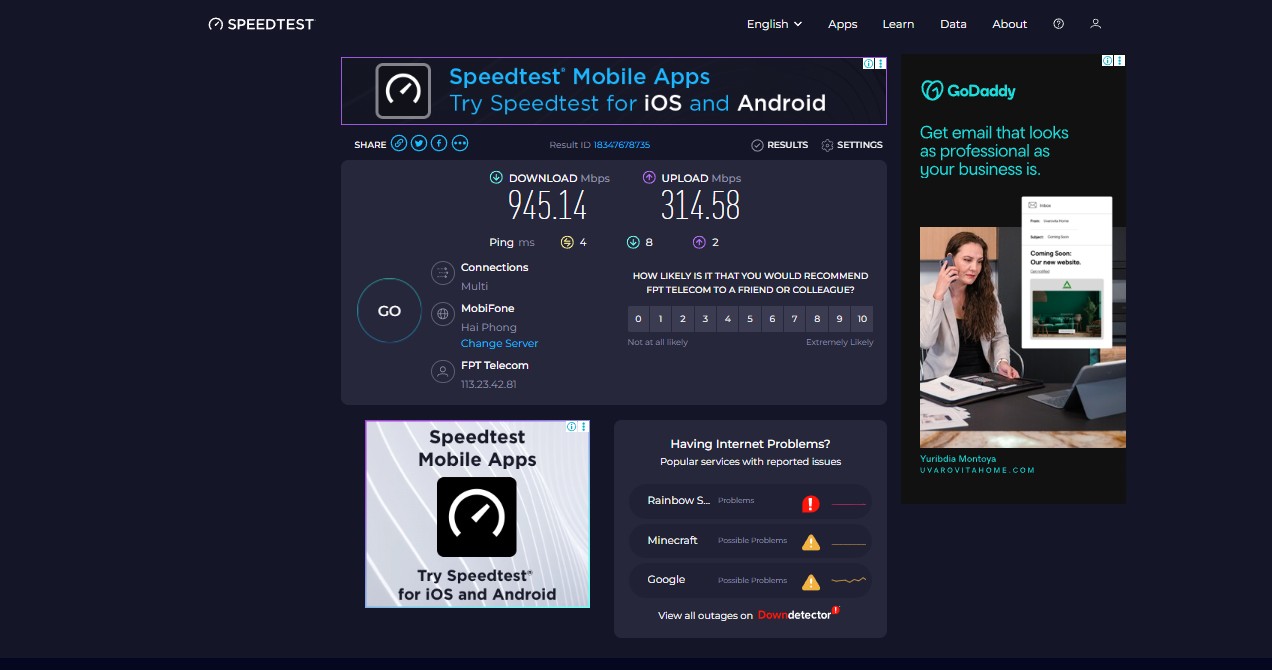 Kiểm tra ping mạng FPT bằng Speedtest